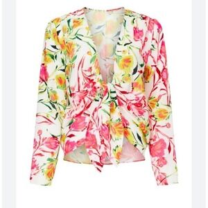 Milly Nalia Tie Front Top womens Neon Botanical multi floral print blouse Sz P